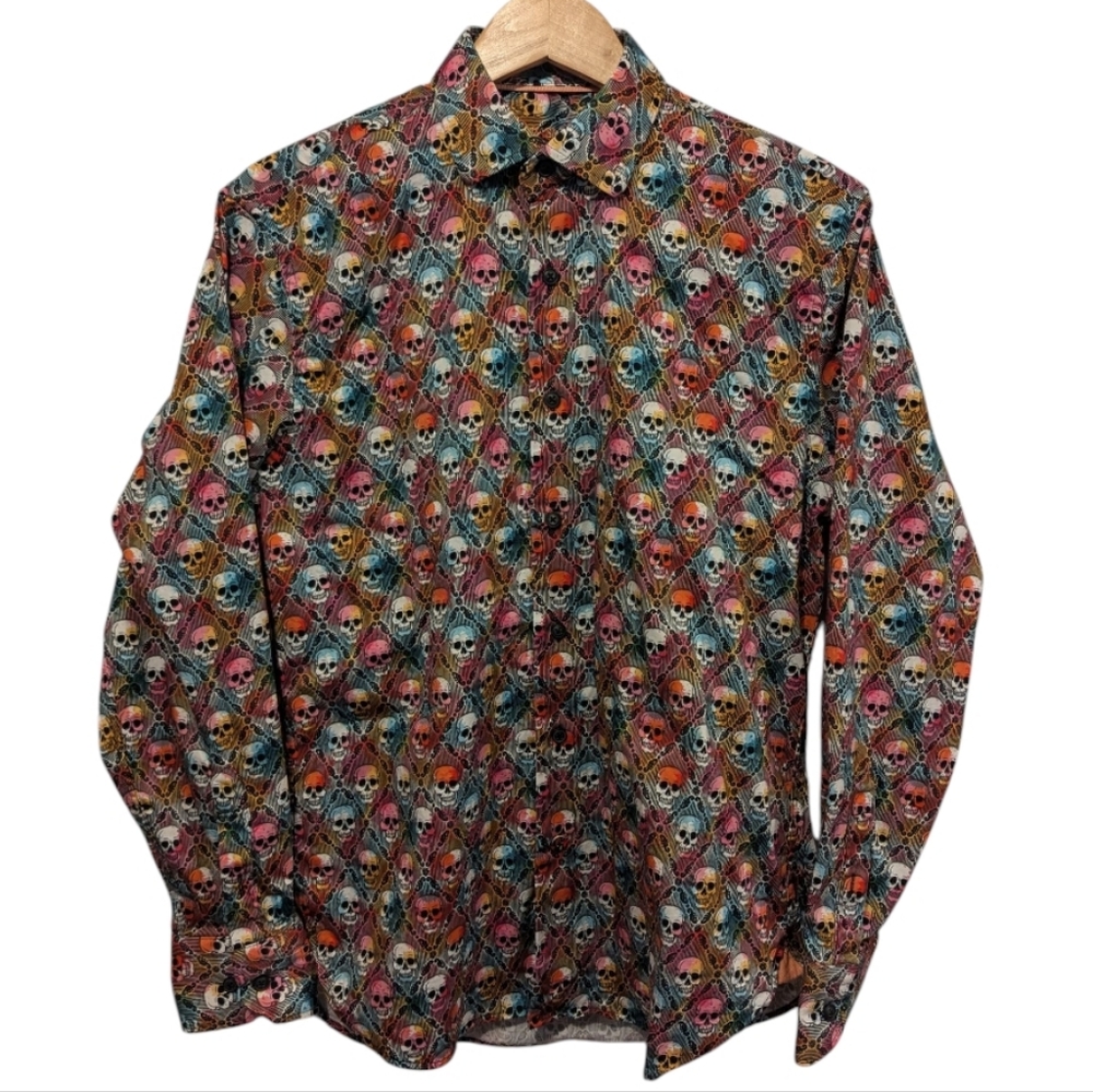 Visconti Black Multicolor Skull Pattern Men's Shirt Size Medium